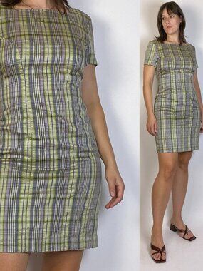 Vintage 90s RETRO Shantung SILK PLAID Mini Dress! Medium